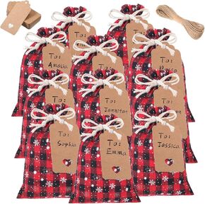 Hillban 60 Pieces Christmas Drawstring Bags Bulk Christmas Snowflake Fabric Bags Xmas Burlap Gift Treat Bags with Tags for Christmas Winter Holiday Party (Multi Color Plaid,5.5 x 4 Inches)