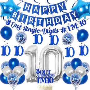 JOYMEMO 10th Birthday Decorations Blue, Peace Out Single Digits Tenth Birthday Party Supplies with Hanging Swirls & Paper Glitter Banner Cake Topper Double Digits Birthday Decor