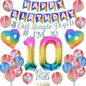 JOYMEMO 10th Birthday Decorations Blue, Peace Out Single Digits Tenth Birthday Party Supplies with Hanging Swirls & Paper Glitter Banner Cake Topper Double Digits Birthday Decor in Kuwait