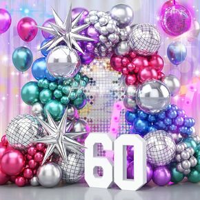 Longwu 141Pcs Metallic Balloon garland arch kit Disco Dance Party decorations with Chrome Blue Red Purple Silver Disco ball balloons for 70s 80s 90s Themed Birthday graduation Party Anniversary Party