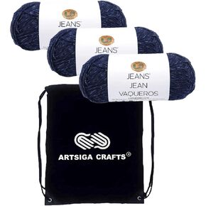مجموعة الجينز الكلاسيكية المكونة من 3 قطع من خيوط الحياكة من Lion Brand (نفس مجموعة الصبغة) 505-110 مع حقيبة مشروع Artsiga Crafts واحدة in Kuwait