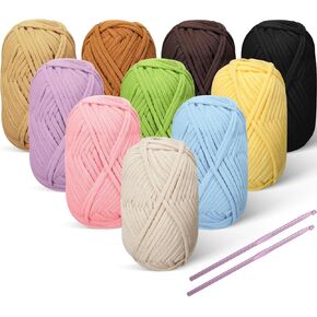 Wesnoy 10 Pieces 50g Beginners Crochet Yarn Thick Bulk Crocheting Starter Kit with Easy to See Stitches Cotton Beginner Yarn with 2 Weaving Crochet Hooks for Beginners Crocheting Knitting, Multicolor in Kuwait