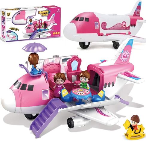 Liberty Imports Pink Airplane Toy Private Jet Transport Cargo Vehicle - Big Large Aircraft Plane with Figures and Beauty Accessories Pretend Playset for Toddler Girls in Saudi Arabia