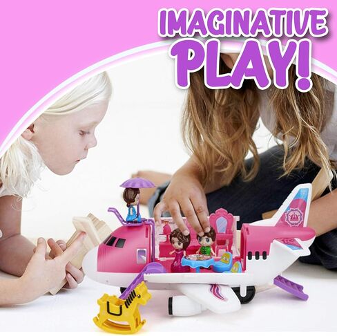 Liberty Imports Pink Airplane Toy Private Jet Transport Cargo Vehicle - Big Large Aircraft Plane with Figures and Beauty Accessories Pretend Playset for Toddler Girls in Saudi Arabia