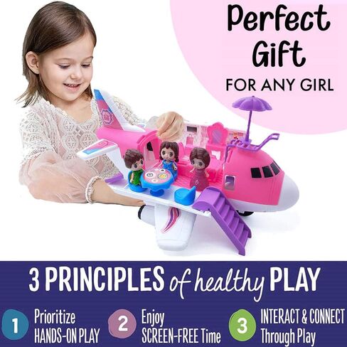 Liberty Imports Pink Airplane Toy Private Jet Transport Cargo Vehicle - Big Large Aircraft Plane with Figures and Beauty Accessories Pretend Playset for Toddler Girls in Saudi Arabia