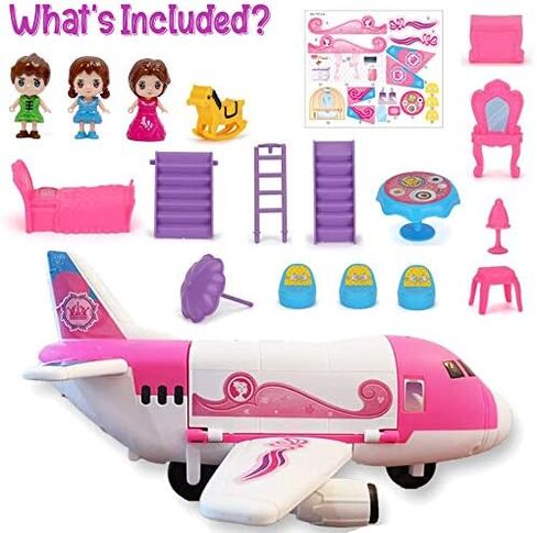 Liberty Imports Pink Airplane Toy Private Jet Transport Cargo Vehicle - Big Large Aircraft Plane with Figures and Beauty Accessories Pretend Playset for Toddler Girls in Saudi Arabia