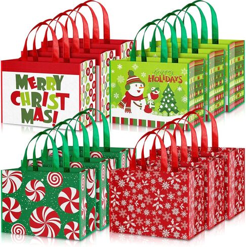 Whaline 12Pcs Christmas Non-Woven Bags Large Red Green Tote Bag with Handles Reusable Waterproof Gift Bag Grocery Shopping Bag Snowflake Snowman Peppermint Christmas Party Treat Goodie Bag for Favors in Saudi Arabia