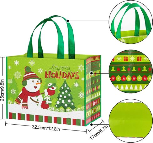 Whaline 12Pcs Christmas Non-Woven Bags Large Red Green Tote Bag with Handles Reusable Waterproof Gift Bag Grocery Shopping Bag Snowflake Snowman Peppermint Christmas Party Treat Goodie Bag for Favors in Saudi Arabia