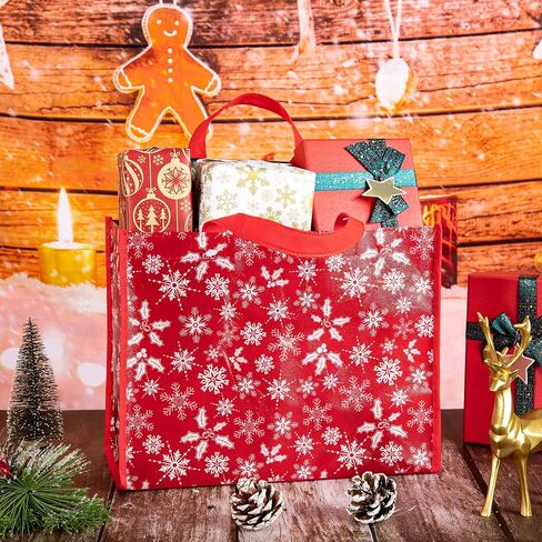 Whaline 12Pcs Christmas Non-Woven Bags Large Red Green Tote Bag with Handles Reusable Waterproof Gift Bag Grocery Shopping Bag Snowflake Snowman Peppermint Christmas Party Treat Goodie Bag for Favors in Saudi Arabia
