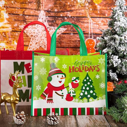 Whaline 12Pcs Christmas Non-Woven Bags Large Red Green Tote Bag with Handles Reusable Waterproof Gift Bag Grocery Shopping Bag Snowflake Snowman Peppermint Christmas Party Treat Goodie Bag for Favors in Saudi Arabia