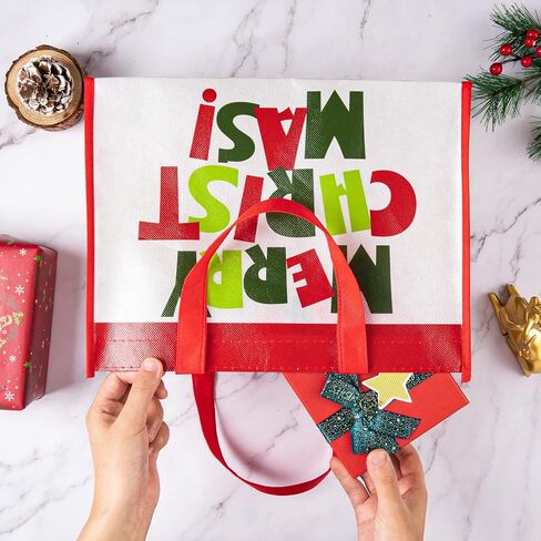 Whaline 12Pcs Christmas Non-Woven Bags Large Red Green Tote Bag with Handles Reusable Waterproof Gift Bag Grocery Shopping Bag Snowflake Snowman Peppermint Christmas Party Treat Goodie Bag for Favors in Saudi Arabia