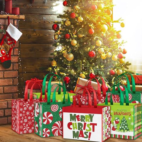 Whaline 12Pcs Christmas Non-Woven Bags Large Red Green Tote Bag with Handles Reusable Waterproof Gift Bag Grocery Shopping Bag Snowflake Snowman Peppermint Christmas Party Treat Goodie Bag for Favors in Saudi Arabia
