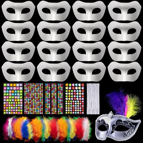 DIY Masquerade Mask, 16Pcs White Unpainted Paintable Paper Mache Masks with Colorful Craft Feathers and Self Adhesive Jewel Gem Sticker for Halloween Christmas Mardi Gras Cosplay Party Decoration in Kuwait