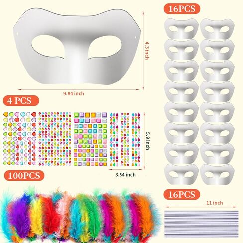 DIY Masquerade Mask, 16Pcs White Unpainted Paintable Paper Mache Masks with Colorful Craft Feathers and Self Adhesive Jewel Gem Sticker for Halloween Christmas Mardi Gras Cosplay Party Decoration in Kuwait