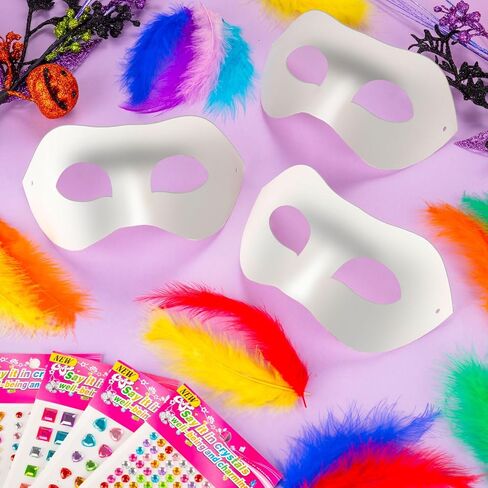 DIY Masquerade Mask, 16Pcs White Unpainted Paintable Paper Mache Masks with Colorful Craft Feathers and Self Adhesive Jewel Gem Sticker for Halloween Christmas Mardi Gras Cosplay Party Decoration in Kuwait