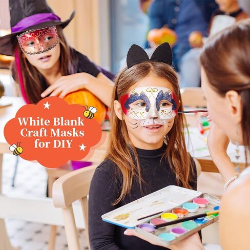 DIY Masquerade Mask, 16Pcs White Unpainted Paintable Paper Mache Masks with Colorful Craft Feathers and Self Adhesive Jewel Gem Sticker for Halloween Christmas Mardi Gras Cosplay Party Decoration in Kuwait