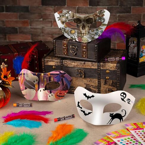 DIY Masquerade Mask, 16Pcs White Unpainted Paintable Paper Mache Masks with Colorful Craft Feathers and Self Adhesive Jewel Gem Sticker for Halloween Christmas Mardi Gras Cosplay Party Decoration in Kuwait