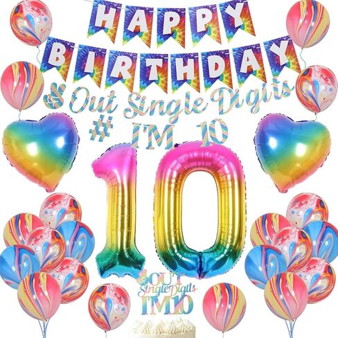 JOYMEMO 10th Birthday Decorations Blue, Peace Out Single Digits Tenth Birthday Party Supplies with Hanging Swirls & Paper Glitter Banner Cake Topper Double Digits Birthday Decor in Kuwait