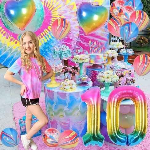 JOYMEMO 10th Birthday Decorations Blue, Peace Out Single Digits Tenth Birthday Party Supplies with Hanging Swirls & Paper Glitter Banner Cake Topper Double Digits Birthday Decor in Kuwait
