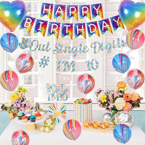 JOYMEMO 10th Birthday Decorations Blue, Peace Out Single Digits Tenth Birthday Party Supplies with Hanging Swirls & Paper Glitter Banner Cake Topper Double Digits Birthday Decor in Kuwait