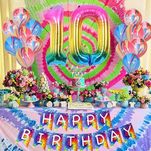 JOYMEMO 10th Birthday Decorations Blue, Peace Out Single Digits Tenth Birthday Party Supplies with Hanging Swirls & Paper Glitter Banner Cake Topper Double Digits Birthday Decor in Kuwait