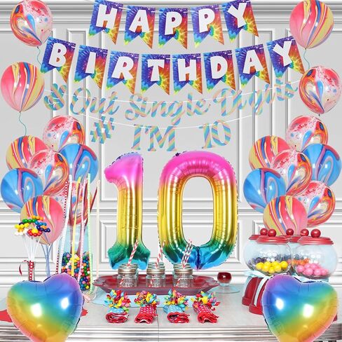 JOYMEMO 10th Birthday Decorations Blue, Peace Out Single Digits Tenth Birthday Party Supplies with Hanging Swirls & Paper Glitter Banner Cake Topper Double Digits Birthday Decor in Kuwait