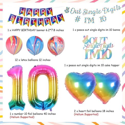 JOYMEMO 10th Birthday Decorations Blue, Peace Out Single Digits Tenth Birthday Party Supplies with Hanging Swirls & Paper Glitter Banner Cake Topper Double Digits Birthday Decor in Kuwait