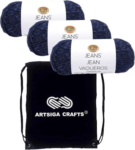مجموعة الجينز الكلاسيكية المكونة من 3 قطع من خيوط الحياكة من Lion Brand (نفس مجموعة الصبغة) 505-110 مع حقيبة مشروع Artsiga Crafts واحدة in Kuwait