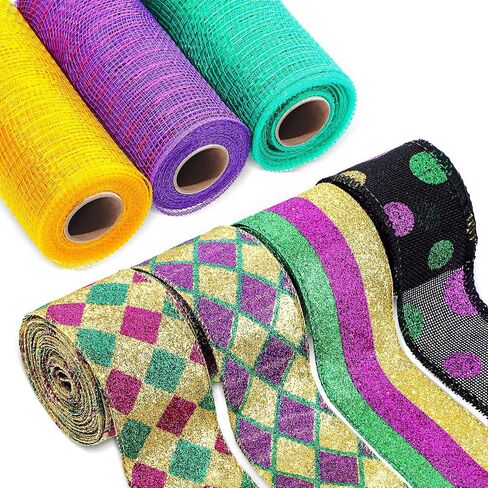 7 Rolls 35 Yards Mardi Gras Wired Edge Ribbons Metallic Poly Mesh Ribbon Holiday Decorative Ribbon for Indoor Outdoor Crafts Decoration in Saudi Arabia