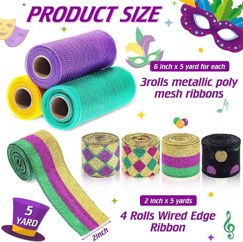 7 Rolls 35 Yards Mardi Gras Wired Edge Ribbons Metallic Poly Mesh Ribbon Holiday Decorative Ribbon for Indoor Outdoor Crafts Decoration in Saudi Arabia
