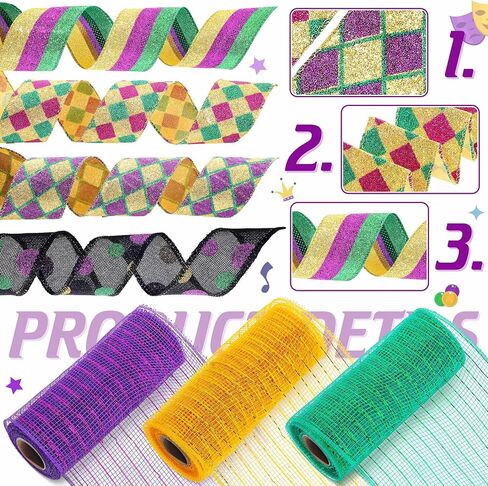 7 Rolls 35 Yards Mardi Gras Wired Edge Ribbons Metallic Poly Mesh Ribbon Holiday Decorative Ribbon for Indoor Outdoor Crafts Decoration in Saudi Arabia