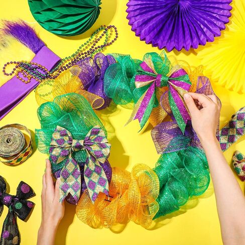 7 Rolls 35 Yards Mardi Gras Wired Edge Ribbons Metallic Poly Mesh Ribbon Holiday Decorative Ribbon for Indoor Outdoor Crafts Decoration in Saudi Arabia