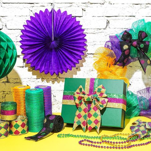 7 Rolls 35 Yards Mardi Gras Wired Edge Ribbons Metallic Poly Mesh Ribbon Holiday Decorative Ribbon for Indoor Outdoor Crafts Decoration in Saudi Arabia