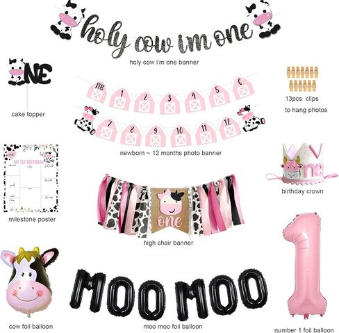 Cow First Birthday Party Decorations, Farm First Birthday Party Supplies, Holy Cow I'M One Birthday Decorations, 1st Birthday Girl Decoration, First Birthday Decoration for Girl, Farmhouse Animal Cow in Kuwait
