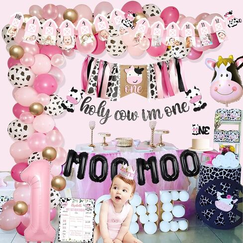 Cow First Birthday Party Decorations, Farm First Birthday Party Supplies, Holy Cow I'M One Birthday Decorations, 1st Birthday Girl Decoration, First Birthday Decoration for Girl, Farmhouse Animal Cow in Kuwait