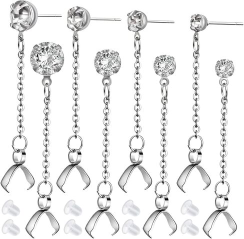 8pcs Stainless Steel Rhinestone Earring Studs Silver Plated Earring Posts with Pinch Clasps Chains and 20pcs Clear Bullet Earring Backs for DIY Jewelry Making Supplies, 4 Sizes in Kuwait