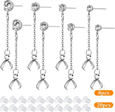 8pcs Stainless Steel Rhinestone Earring Studs Silver Plated Earring Posts with Pinch Clasps Chains and 20pcs Clear Bullet Earring Backs for DIY Jewelry Making Supplies, 4 Sizes in Kuwait