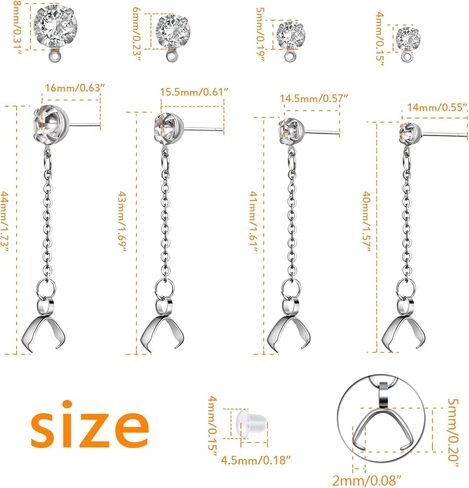 8pcs Stainless Steel Rhinestone Earring Studs Silver Plated Earring Posts with Pinch Clasps Chains and 20pcs Clear Bullet Earring Backs for DIY Jewelry Making Supplies, 4 Sizes in Kuwait