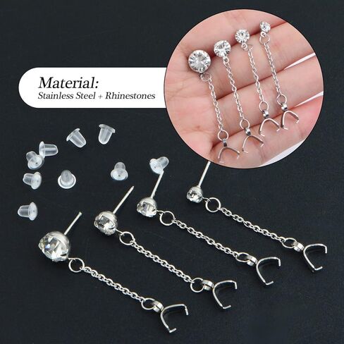8pcs Stainless Steel Rhinestone Earring Studs Silver Plated Earring Posts with Pinch Clasps Chains and 20pcs Clear Bullet Earring Backs for DIY Jewelry Making Supplies, 4 Sizes in Kuwait