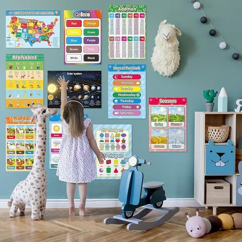 Educational Preschool Posters, Emooqi 20 Pieces(16×11in) for Toddlers and Students, Early Learning Chart for Wall, Kindergarten Learning Posters Include Alphabet, US Map, Colors,Teach Numbers and More. in Kuwait