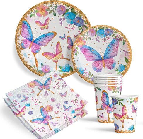لوازم حفلات الفراشة - طقم أطباق وأكواب ومناديل - أطباق ورقية على شكل فراشة تستخدم لمرة واحدة مع أدوات تقديم لعيد الميلاد - أكواب وأطباق بنمط فراشة - 64 قطعة in Kuwait