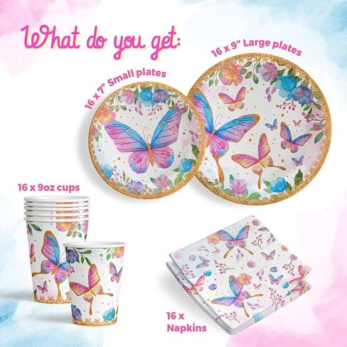 لوازم حفلات الفراشة - طقم أطباق وأكواب ومناديل - أطباق ورقية على شكل فراشة تستخدم لمرة واحدة مع أدوات تقديم لعيد الميلاد - أكواب وأطباق بنمط فراشة - 64 قطعة in Kuwait