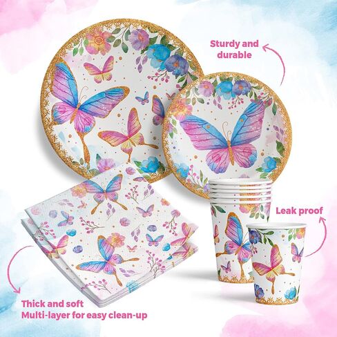 لوازم حفلات الفراشة - طقم أطباق وأكواب ومناديل - أطباق ورقية على شكل فراشة تستخدم لمرة واحدة مع أدوات تقديم لعيد الميلاد - أكواب وأطباق بنمط فراشة - 64 قطعة in Kuwait