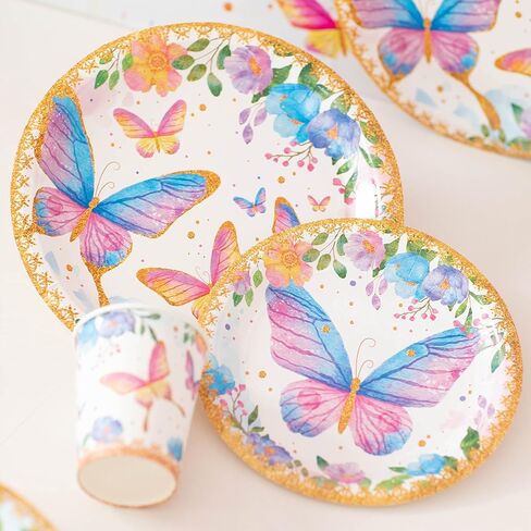 لوازم حفلات الفراشة - طقم أطباق وأكواب ومناديل - أطباق ورقية على شكل فراشة تستخدم لمرة واحدة مع أدوات تقديم لعيد الميلاد - أكواب وأطباق بنمط فراشة - 64 قطعة in Kuwait