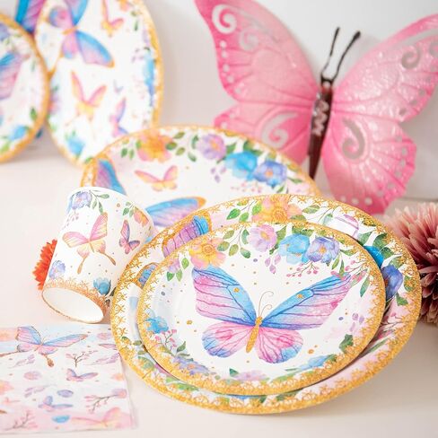 لوازم حفلات الفراشة - طقم أطباق وأكواب ومناديل - أطباق ورقية على شكل فراشة تستخدم لمرة واحدة مع أدوات تقديم لعيد الميلاد - أكواب وأطباق بنمط فراشة - 64 قطعة in Kuwait