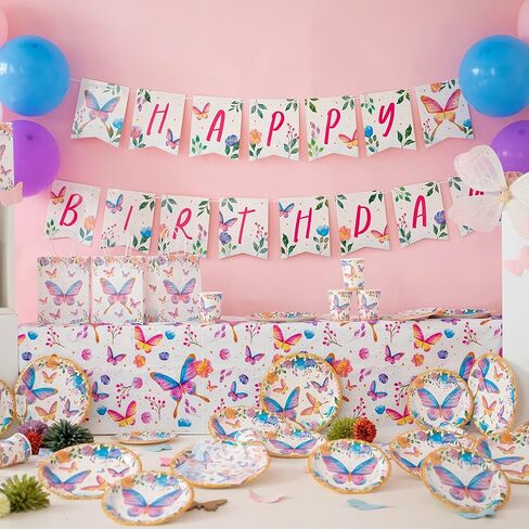 لوازم حفلات الفراشة - طقم أطباق وأكواب ومناديل - أطباق ورقية على شكل فراشة تستخدم لمرة واحدة مع أدوات تقديم لعيد الميلاد - أكواب وأطباق بنمط فراشة - 64 قطعة in Kuwait