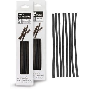 Pacific Arc Large Vine Charcoal Stick 5/Pkg, Soft, Black, Thick Willow Charcoal for Sketching and Drawing