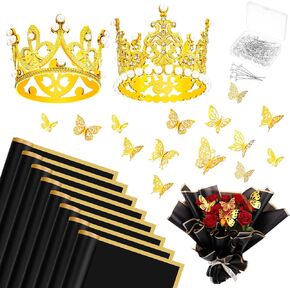 FANKUTOYS 132 قطعة من إكسسوارات باقة الزهور، 20 ورقة ورق تغليف الزهور 2 قطعة تاج كعكة علوي 60 قطعة ديكور فراشة ذهبية ثلاثية الأبعاد 50 قطعة دبابيس باقة الصدار لعيد ميلاد الزفاف in Kuwait