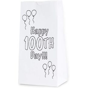 Hygloss Products Goodie Bags for 100th Day of School, Printed White Paper Bag, 100-Pack, 5"x 3" x 9.75"