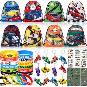 Winrayk Race Car Party Favors Birthday Supplies Racing Drawstring Bags Silicone Bracelet Glow In The Dark Tattoos Keychains Boys Kids Goodie Bag Stuffers Pinata Filler Race Car Birthday Party Supplies